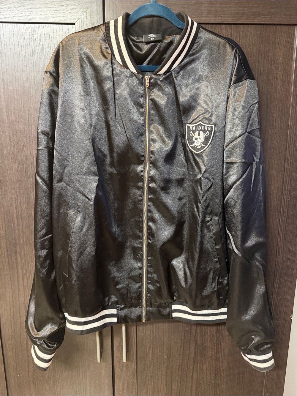 NFL Black Satin Raiders Bomber Jacket with White Trim